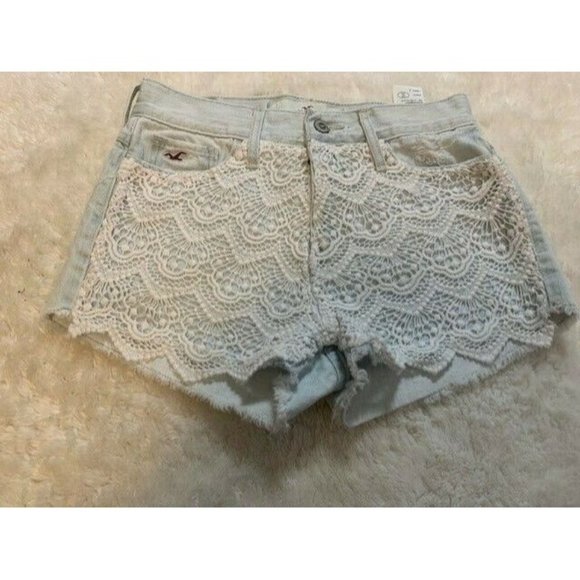 Hollister Size 0 Womens Shorts Light Wash Lace Front Raw Hem Distressed - Picture 1 of 3